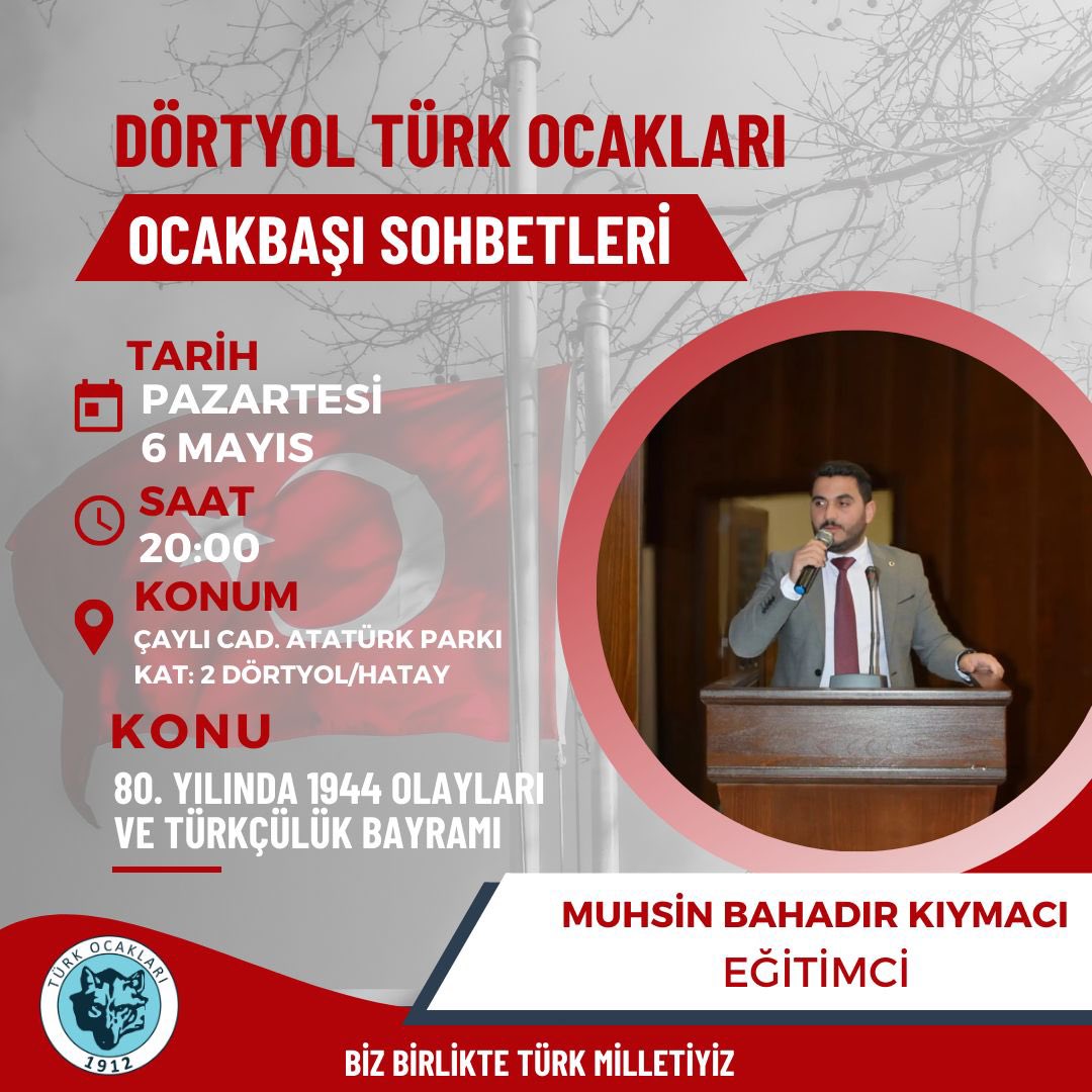 Dörtyol Türk Ocaklarında Ocakbaşı Sohbetleri 

Eğitimci Muhsin Bahadır Kıymacı'nın konuşmacı olarak katılacağı programa tüm vatandaşlarımızın davetli olduğu bildirildi.
@turkiefkar 

#TürkOcakları
#DörtyolTürkOcakları