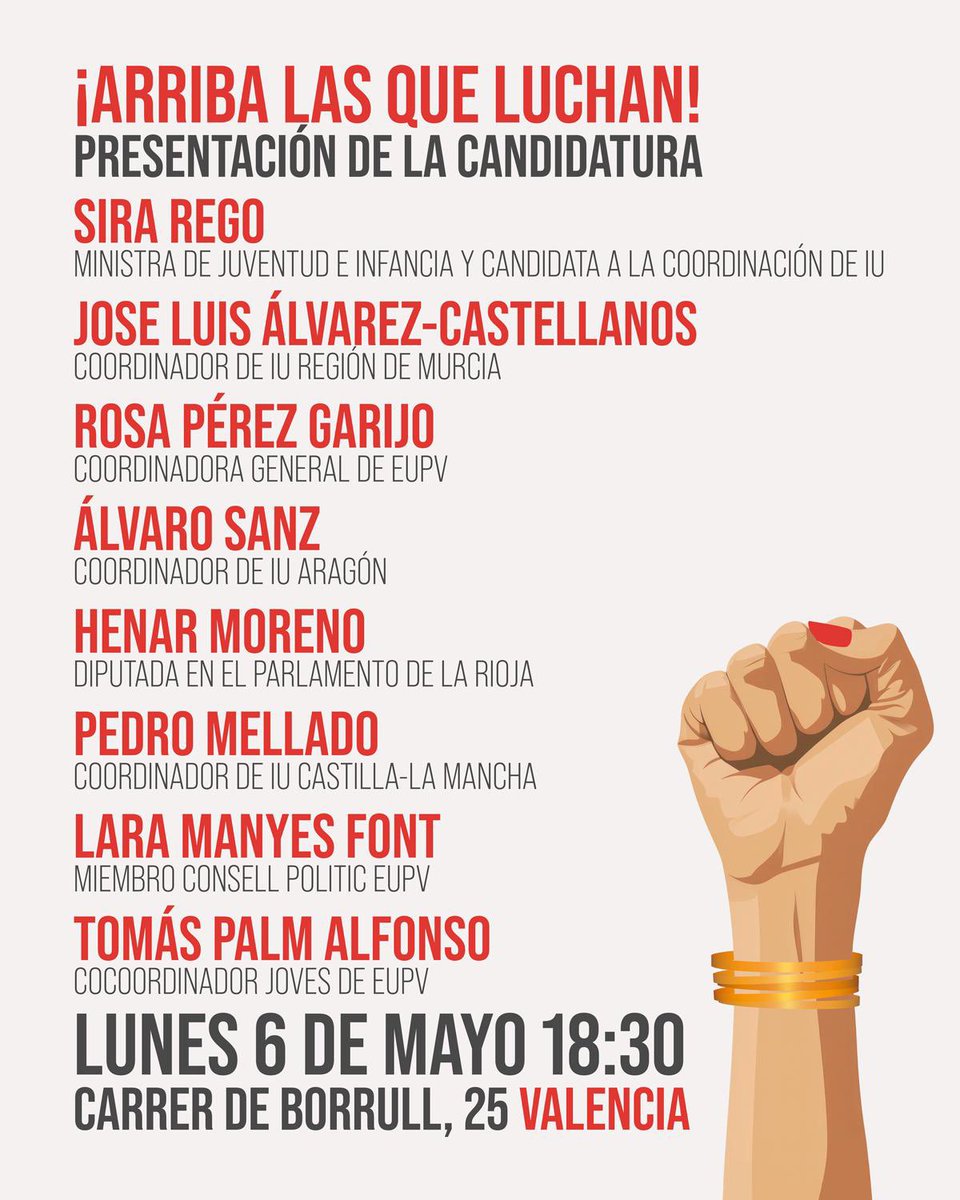 Os esperamos el lunes a un acto muy bonito en Valencia con la participación de @sirarego y compañeras de diversas federaciones Un acto para debatir sobre la @IzquierdaUnida que queremos: feminista, plural, municipalista y en la que se escuchen todas las voces #ArribaLasQueLuchan