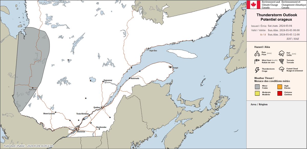 Voici la carte du potentiel orageux pour le Québec valide cette nuit et dimanche matin.

Tout dommage peut être signalé à Environnement et Changement climatique Canada avec le mot-clic #meteoQC ou par courriel à meteoQC@ec.gc.ca.