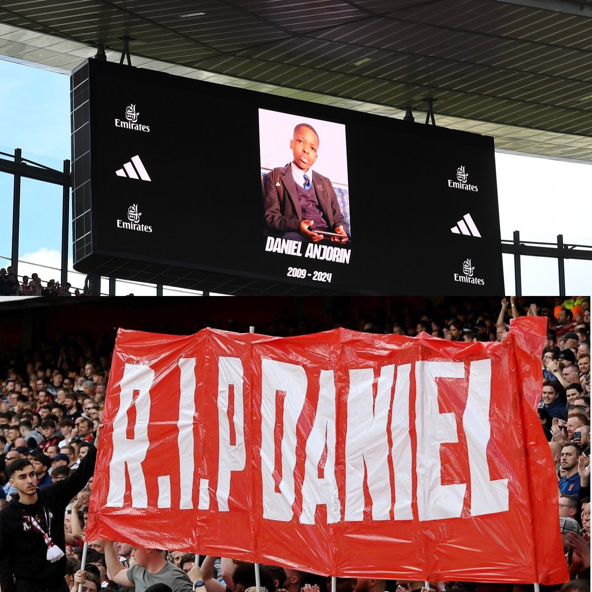 Arsenal paid tribute to Daniel Anjorin at the Emirates Stadium today ❤️. The whole stadium rose to its feet in the 14th minute of the game. 👏🏾❤️