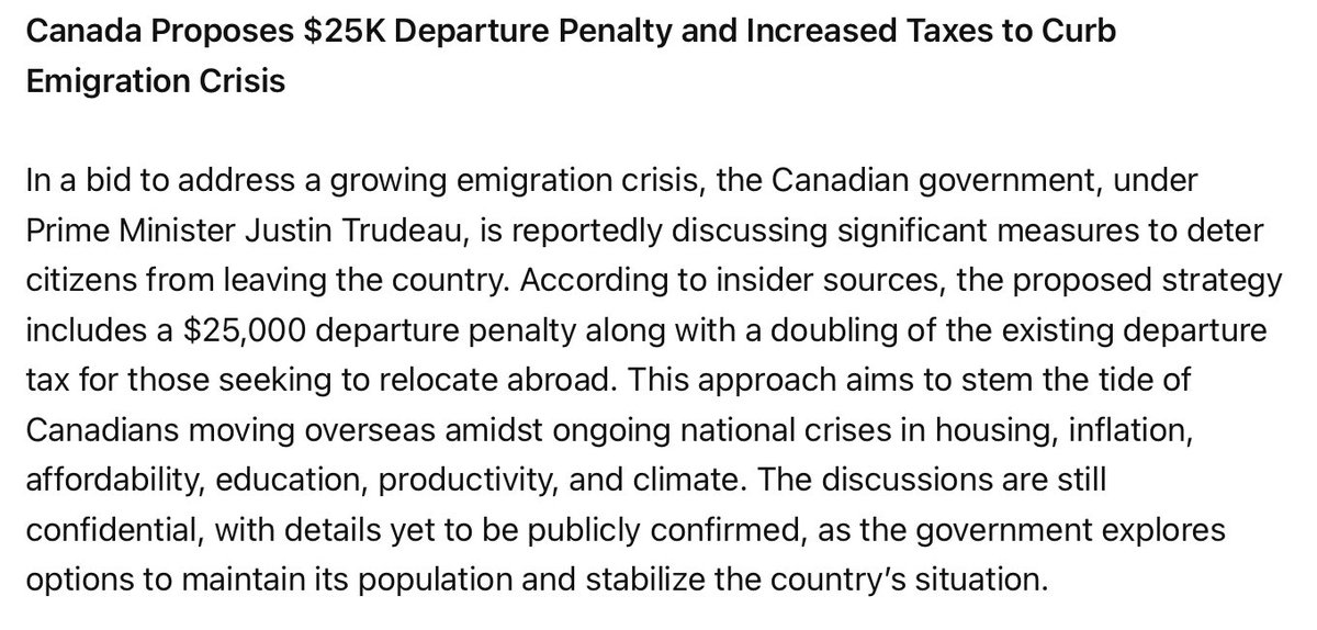 We should be paying Canadians to leave, not fining them!

Canada Proposes $25K Departure Penalty and Increased Taxes to Curb Emigration Crisis

In a bid to address a growing emigration crisis, the Canadian government, under Prime Minister Justin Trudeau, is reportedly discussing…