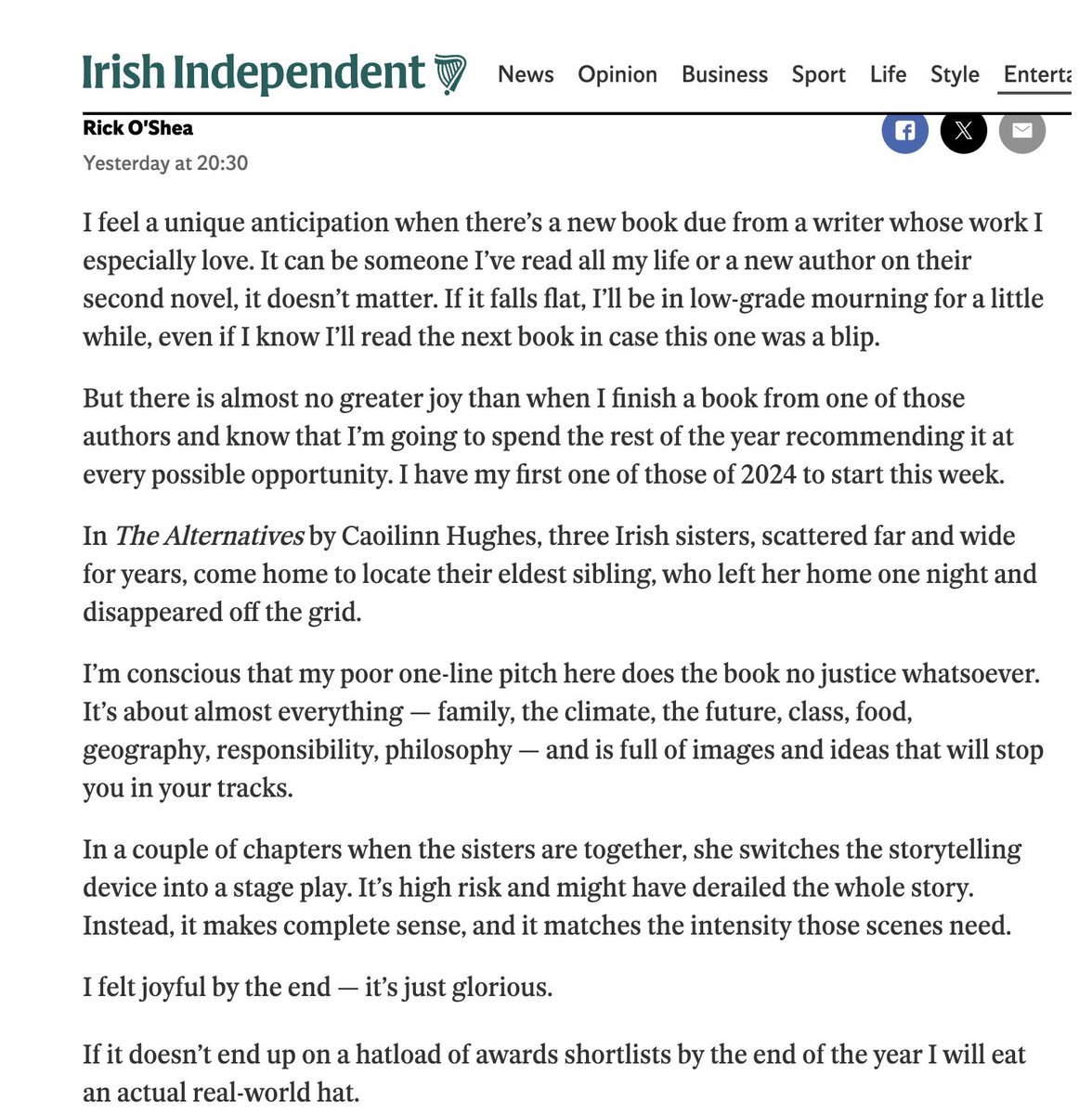 And thank you to the book-world gent Rick O’Shea for this in the @ReviewIndo 🥹 Rick makes the whole business feel more human and communal, and I am one of a great many people who owe him a pint. m.independent.ie/entertainment/…