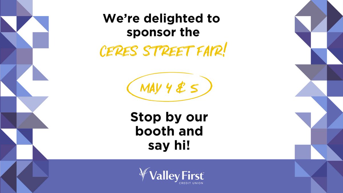 Come meet our team at the Ceres Street Fair this weekend, and learn more about how we can help you meet your financial goals. Look for our booth on 3rd Street. Learn more cereschamberofcommerce.org/events/ceres-s…
#ValleyFirstCreditUnion #CeresStreetFair2024