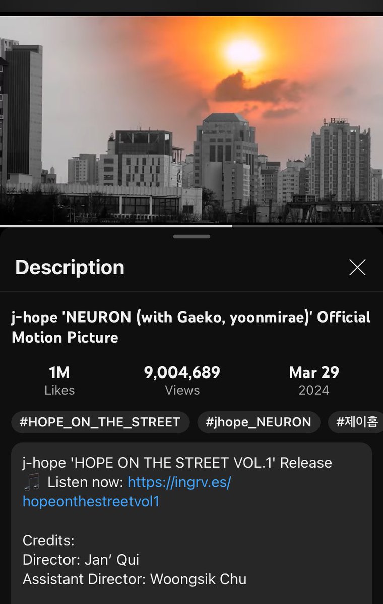 j-hope ‘NEURON (with Gaeko, yoonmirae)’ - Official Motion Picture has reached 9 million views 

Congratulations j-hope 🥳🎉

Keep streaming 💜
🔗youtu.be/z4Rg_VgOlJU

#jhope_NEURON #HOPE_ON_THE_STREET #홉온스
#jhope #제이홉 #Gaeko #개코 #yoonmirae #윤미래