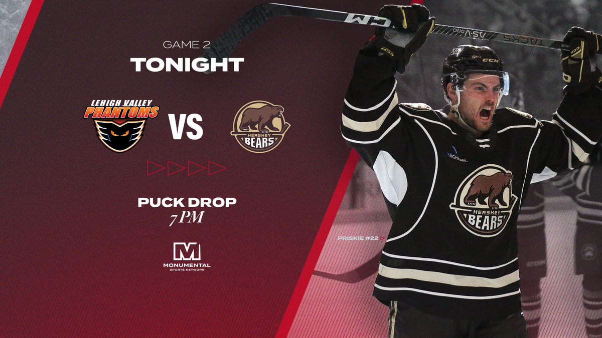 It's gameday for @TheHersheyBears 🐻 Puck drop for Game 2 is at 7:00 pm on MNMT ⬇️ How To Watch 🔗: monsports.net/hersheyplayoffs