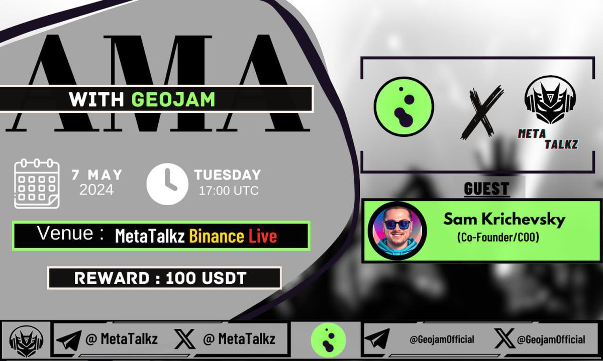 🎧We are Glad to Announce Our Next #BinanceLive AMA with Geojam

💰Reward Pool :- $100 
📅Date & Time :- 7 May , 17 UTC

🎯tweet link:-  binance.com/en-IN/live/vid…

Rules:
📥Follow @metatalkz and @geojamofficial 
📥Like , RT + Tag Your 3 Freinds
📥Comment your Questions