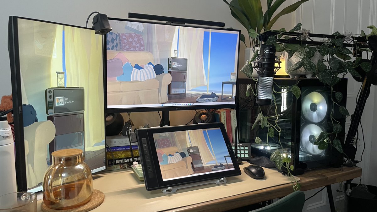 — day 2 : share your set up 🌿 new @HuionTab looking very cute 🫰🏼🤍, can’t believe i’ll be saying bye to this desk soon tho 🥺