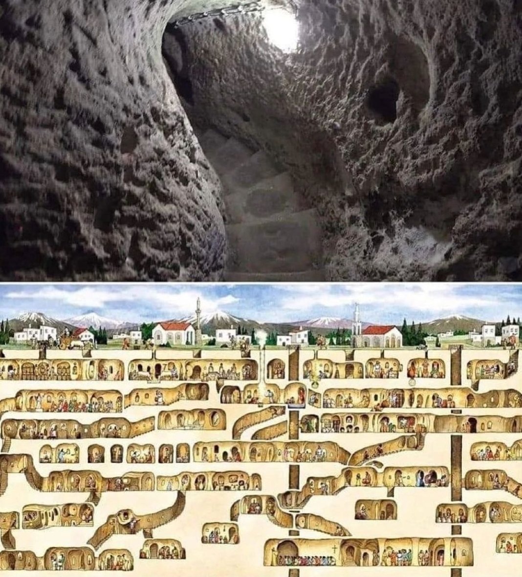 Derinkuyu, a mysterious underground city in Turkey, found in man's basement.

In 1963, the basement renovation project led to the archaeological discovery of a lifetime. The subterranean city is up to 18 stories and 280 feet deep in places and
probably thousands of years old.