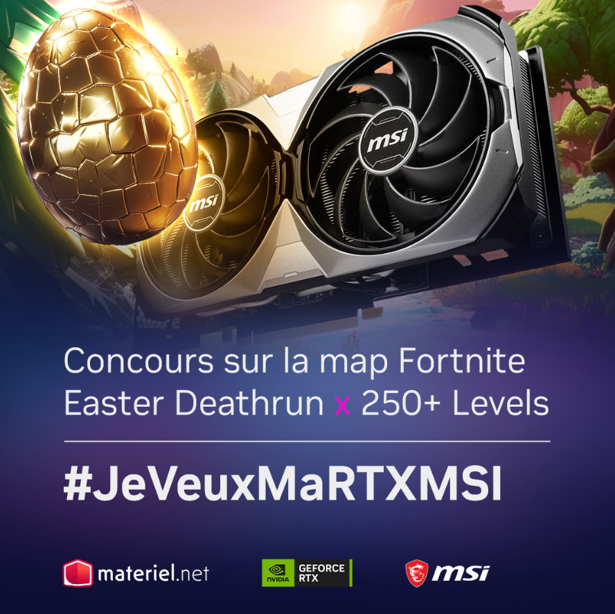 [🎁CONCOURS #JeVeuxMaRTXMSI🎁] Fais le meilleur temps sur la map Fortnite (5383-2436-5990) conçue par @CubeStudiosF & @initial_agency_ pour tenter de remporter des lots incroyables dont des cartes graphiques @msifrance @NVIDIAGeForceFR RTX Série 40 ! RDV sur @materielnet pour…