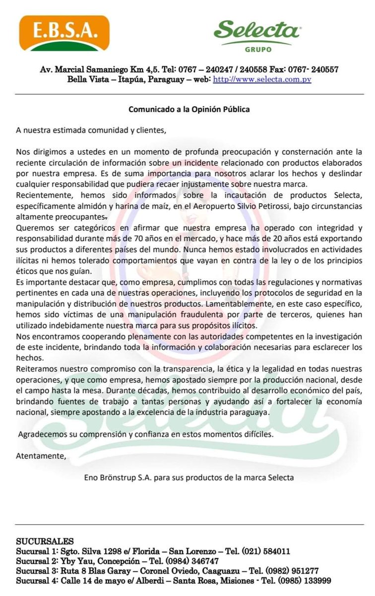 Grupo Selecta se desmarca de intento de envío de cocaína a Europa a través del Aeropuerto Silvio Pettirossi 

La empresa asegura que fue victima de una manipulación fraudulenta por parte de terceros, quienes utilizaron indebidamente la marca para fines ilicitos