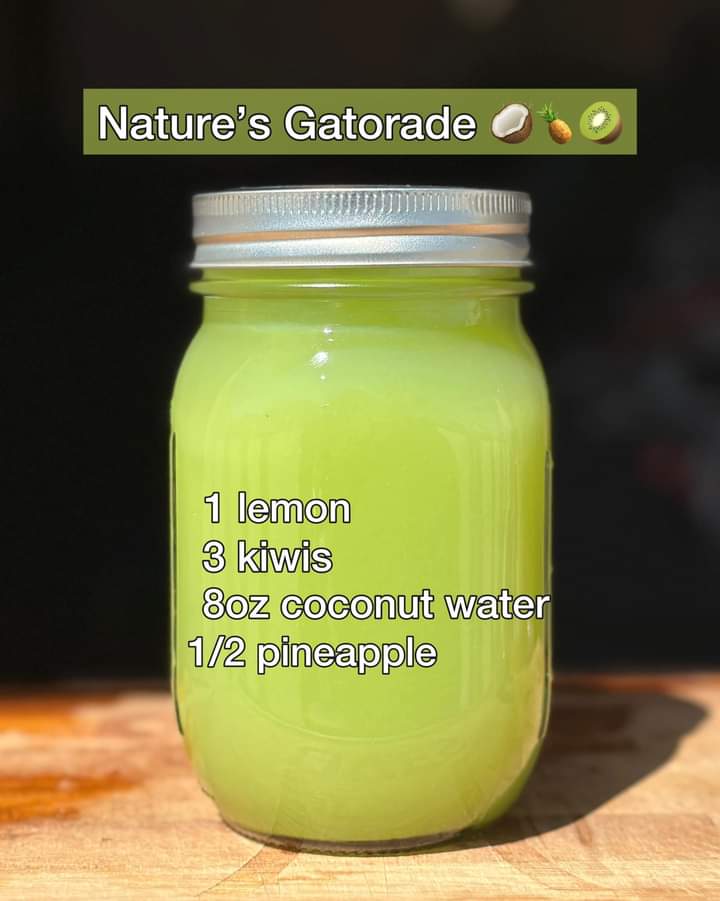We all know we shouldn't touch Gatorade ❌  ☠️ It's in the documentary Idiocracy  . You are a plant 

Enjoy Nature's Gatorade 🍋🥝🥥💦🍍

1 -   Lemon 🍋 
    3 -   Kiwis 🥝🥝🥝 
8oz  -  Coconut 🥥 💦 
1/2  - Pineapple 🍍

#SaveYourself  #Juicing  #PlantsOverPills  #NatureLover