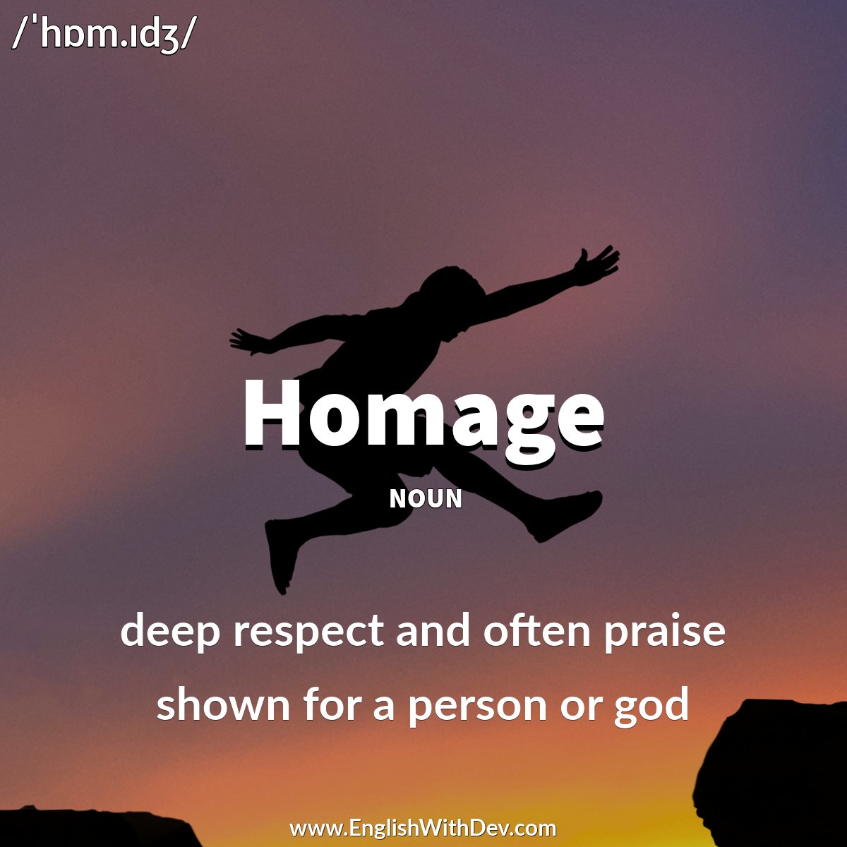 Word - Homage (🗣️ ˈhɒm.ɪdʒ)

Meaning - deep respect and often praise shown for a person or god

Example - On this occasion we pay homage to him for his achievements.

#EnglishWithDev #wordoftheday #Homage #ieltsvocabulary #vocabulary