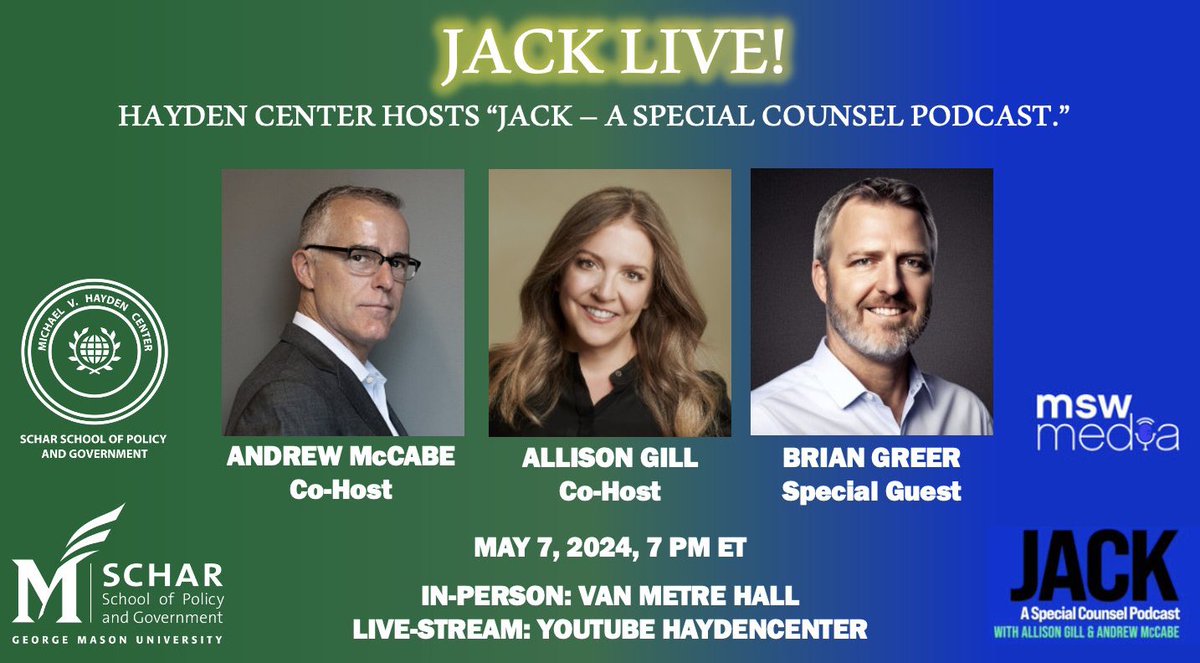 This Tuesday!! Your favorite podcast LIVE on stage. Join us! REGISTER: signup.e2ma.net/signup/2000418… @GenMhayden @allisongill @mswmediapods @ScharSchool @GeorgeMasonU @GeorgeMasonNews @FBI @TheJusticeDept @MuellerSheWrote @dailybeanspod @secretsandlaws