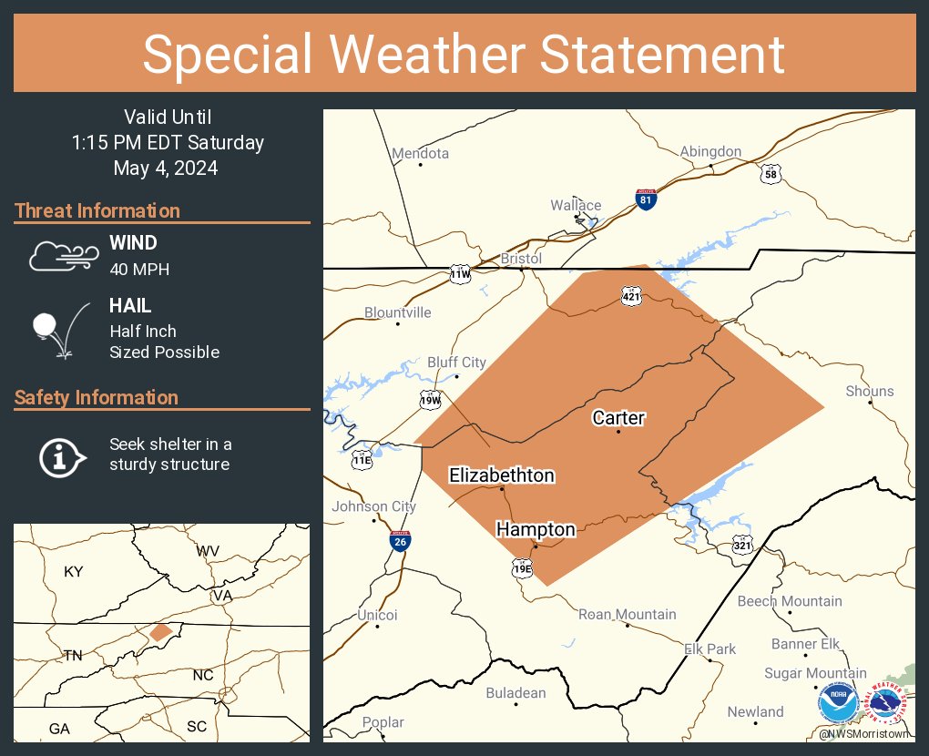 A special weather statement has been issued for Elizabethton TN, Hunter TN and  Watauga TN until 1:15 PM EDT