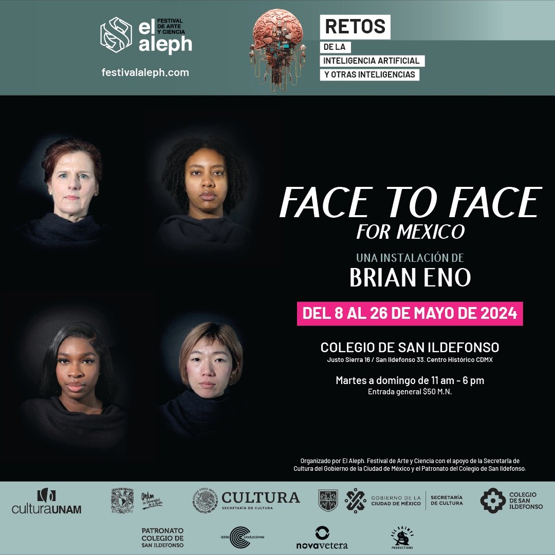 ¡Gracias por su entusiasmo! El registro para la inauguración de Face to Face de Brian Eno está lleno pero puedes ir a ver la instalación hasta el 26MAY en @SanIldefonsoMx 👨🏻‍🦲🧠