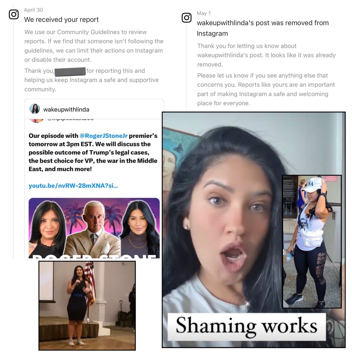 Delivering L’s to fascists daily! 

Linda Cuadros’ #WakeUpWithLinda Instagram account gets yet another ding for a posting promoting her podcast with Jan 6 figure Roger Stone & Miami QAnon maven Isabella Rodriguez, aka #RedPillBabe, both banned from @instagram @InstagramComms.