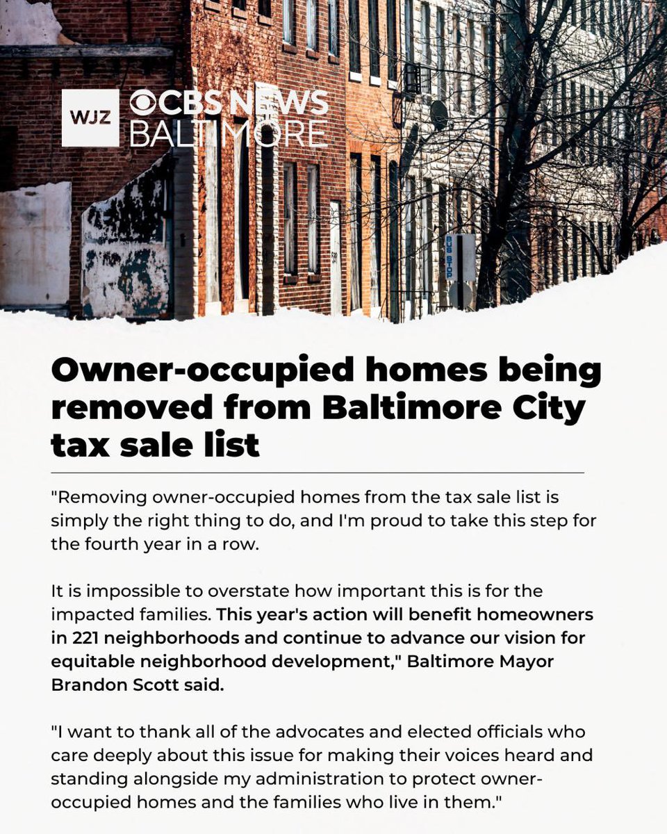 ICYMI: This week, I announced we’re removing owner-occupied homes from the tax sale list again. cbsnews.com/amp/baltimore/…