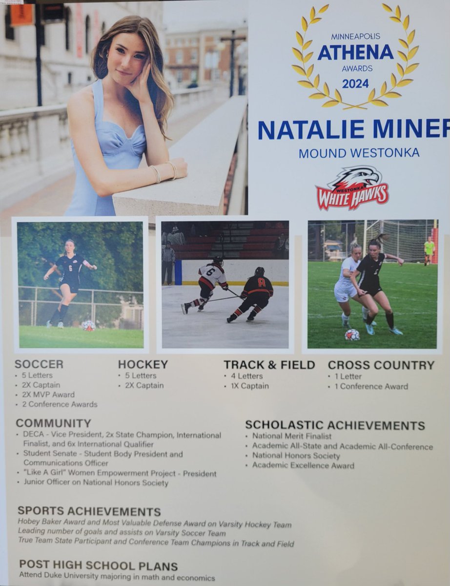 Congratulations to Natalie Miner who was recognized as the MWHS Athena winner yesterday! What an incredible accomplishment and recognition. Congrats!!
