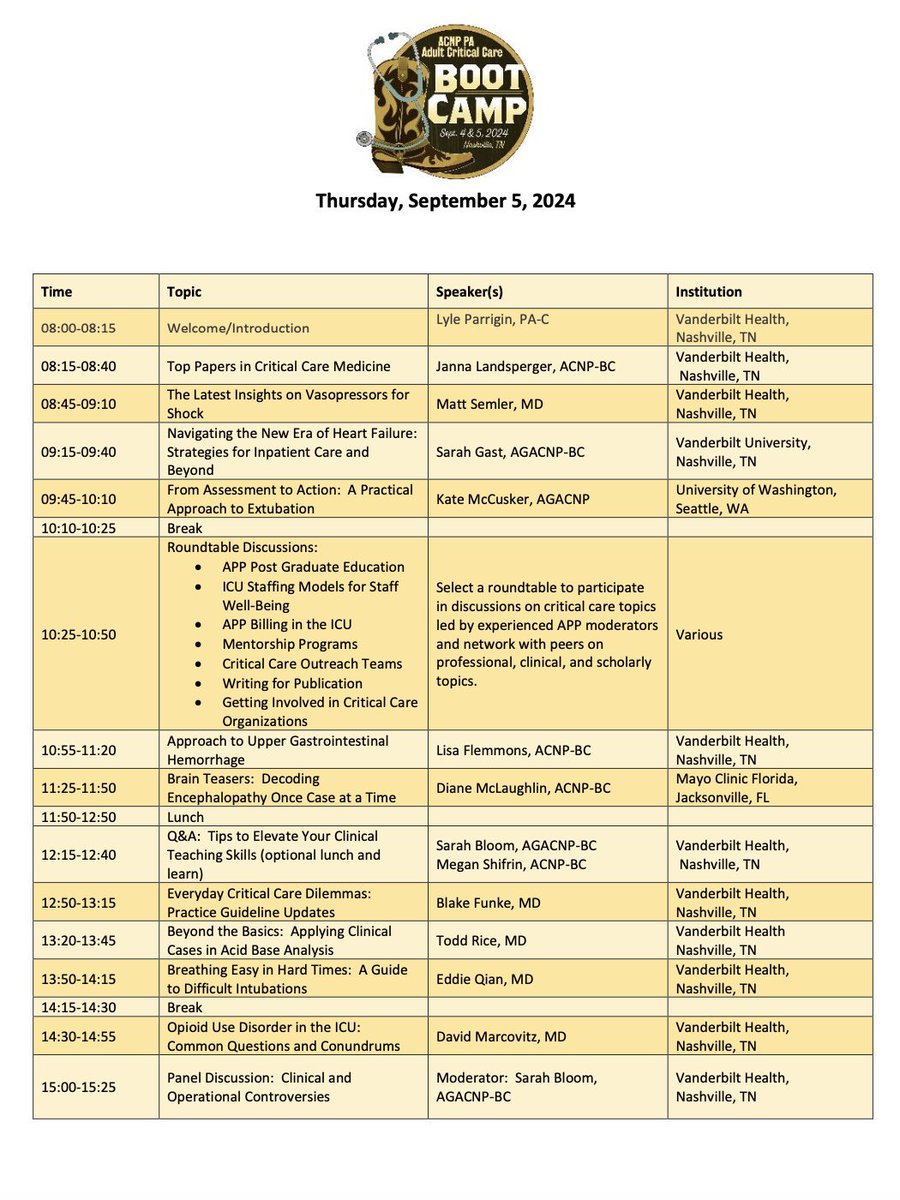 Have yall seen the #ccbootcamp2024 schedule yet? Can’t wait for these 2 days! @VUMC_OAP @AprilKapu @meg_shifrin @hugt @toddrice_ICU @EdQian @ctbanes @dcm7200