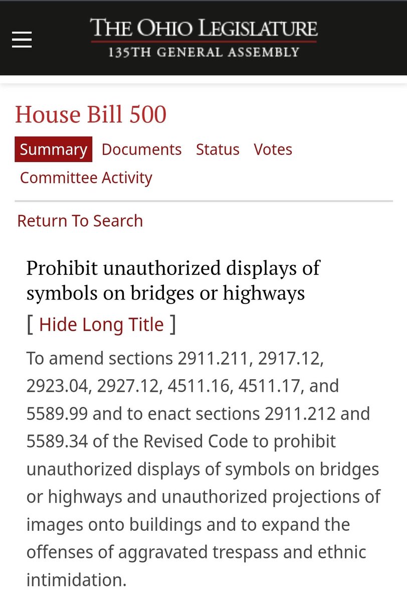 🚨 BAD BILL ALERT 🚨 #Ohio HB 500 would ban peaceful, harmless protests such as LIGHT DISPLAYS and banners over bridges and highways‼️🤬 legislature.ohio.gov/legislation/13…