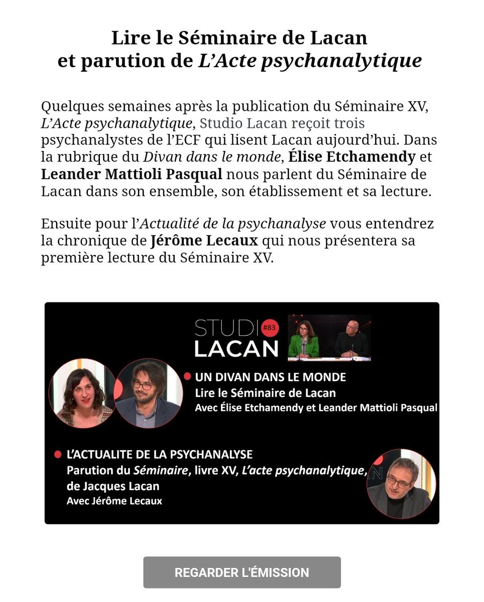 🔴📺STUDIO LACAN : ÉMISSION 83 - 4 mai 2024 Lire le Séminaire XV de Lacan L’acte analytique. Studio Lacan reçoit trois psychanalystes de l’ECF qui lisent Lacan aujourd’hui m.youtube.com/watch?v=ms9Hcw…