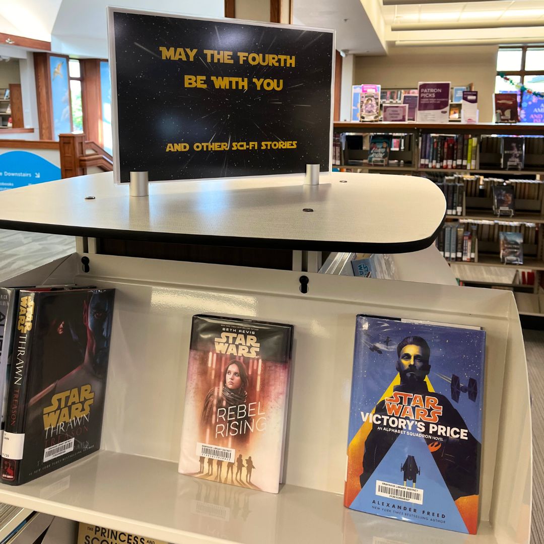 May the 4th be with you! 🌌✨ Come celebrate #StarWarsDay at the library with our out-of-this-world book display featuring all your favorite characters and stories from a galaxy far, far away. #Maythe4thBeWithYou #StarWarsDay
