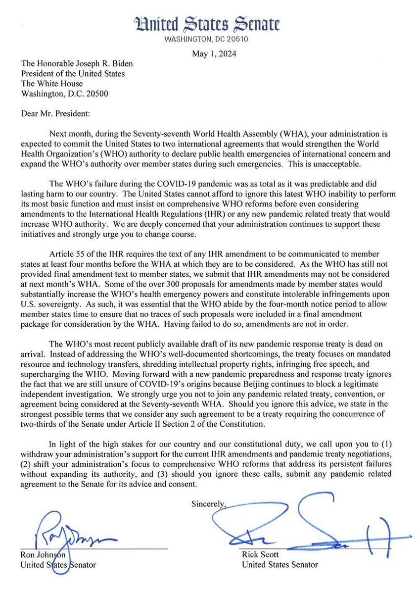 49 Republican Senators wrote to President Biden demanding he withdraw U.S. support for the WHO Pandemic “Agreement' and major amendments to the International Health Regulations. The Senators point out that these 2 documents would: 1. Give the WHO Director-General the authority