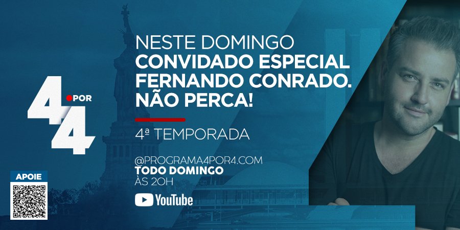 Não Perca! Neste Domingo, Programa #12, às 20H. Convidado Especial: Fernando Conrado Assista completo ao último programa desta 4ª temporada, episódio #11 no Youtube ou no seu Podcast Favorito (Agora com cortes). Link na BIO. Compartilhe! #programa4por4 #jornalismoindependente