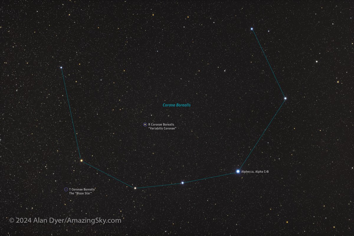 Watch this space! This marks the location of the star, T Coronae Borealis or the Blaze Star, that is expected to brighten to naked eye brilliance this year. Also indicated is the naked eye star, R Coronae Borealis, that sometimes drops in brightness dramatically. #TCorBor #TCrB