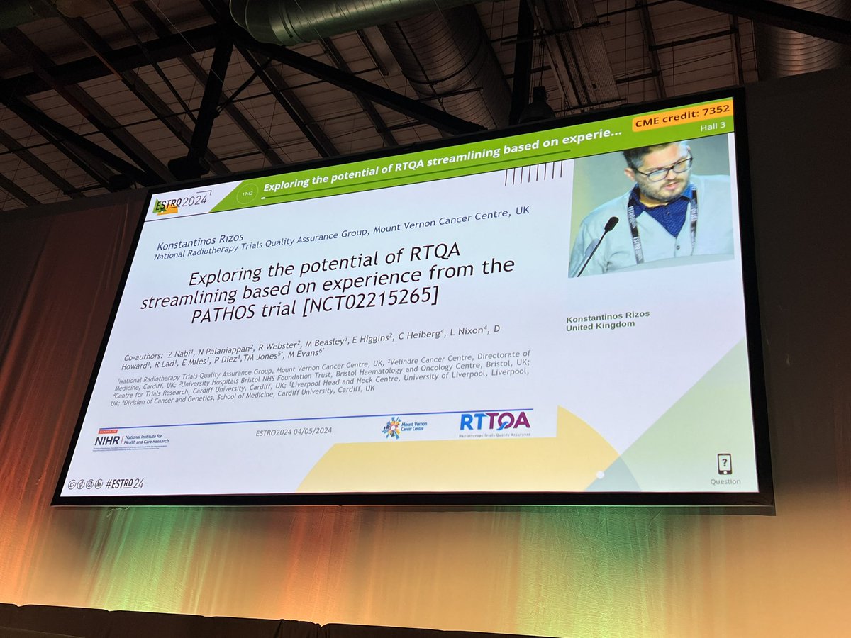 RTTQA (@rttqa_uk) on Twitter photo Kostas Rizos presents the +ve impact of #RTQA on protocol compliance for the PATHOS H&N trial. Although further streamlining may be possible for planning, prospective review remains essential for outlining #ESTRO24
<a href="/livHeadandNeck/">Liverpool Head & Neck Centre</a> <a href="/CTRCardiffUni/">CTRCardiffUni</a> @VelindreCC <a href="/CR_UK/">Cancer Research UK</a> <a href="/NIHRresearch/">National Institute for Health and Care Research</a> Kostas Rizos presents the +ve impact of #RTQA on protocol compliance for the PATHOS H&N trial. Although further streamlining may be possible for planning, prospective review remains essential for outlining #ESTRO24
<a href="/livHeadandNeck/">Liverpool Head & Neck Centre</a> <a href="/CTRCardiffUni/">CTRCardiffUni</a> @VelindreCC <a href="/CR_UK/">Cancer Research UK</a> <a href="/NIHRresearch/">National Institute for Health and Care Research</a>