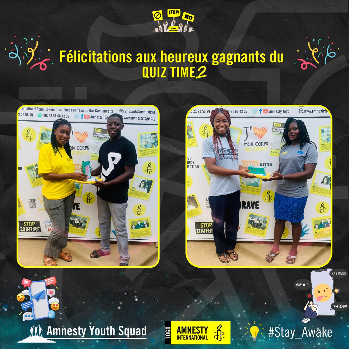 Félicitations aux heureux gagnants du deuxième quizz 
Ce Vendredi 03 Mai 2024, ils ont reçu leurs cadeaux 🎁🎊🎉
#StayAwake🔥 #StopHarcèlement #AmnestyYouthSquad 
#Standup4HumanRights 
#DroitsHumains #Youths
#AmnestyInternational #Amnesty #Togo #Africa