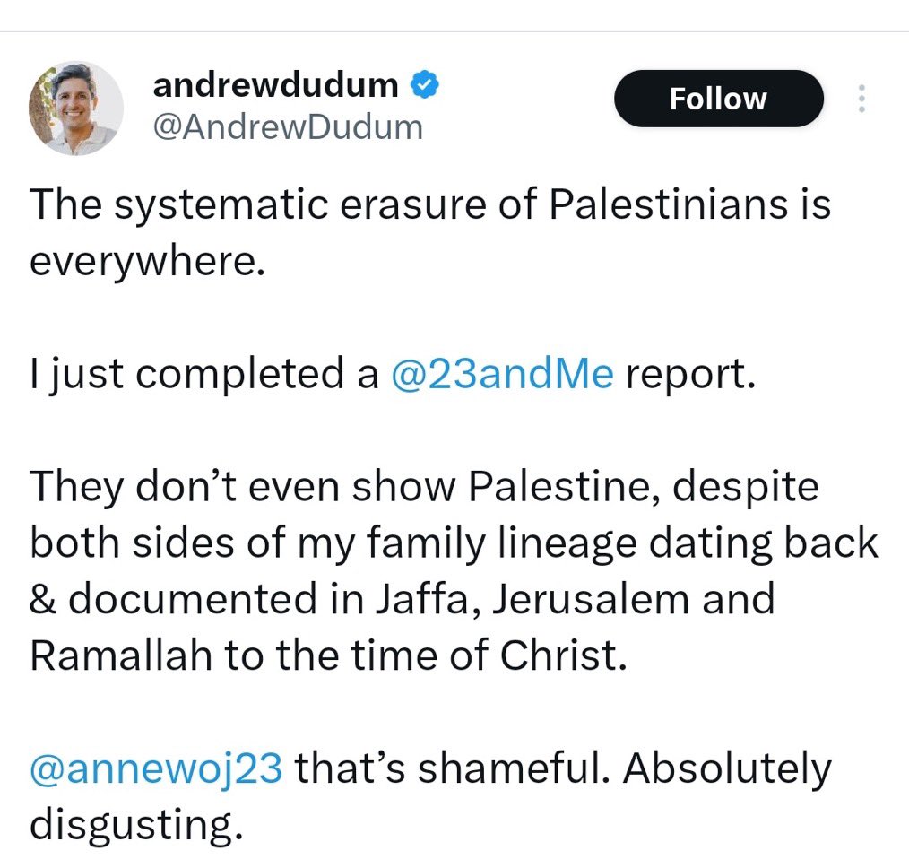 ⚠️ALERT⚠️ Science establishes yet again that “Palestinian” is NOT an ethnicity. 

PS: If Andrew Dudum has lineage to Jerusalem dating back “to the time of Christ” then his family were Jews forced to convert to Islam after the Arab Conquest in 638 AD. 

#StandWithIsrael