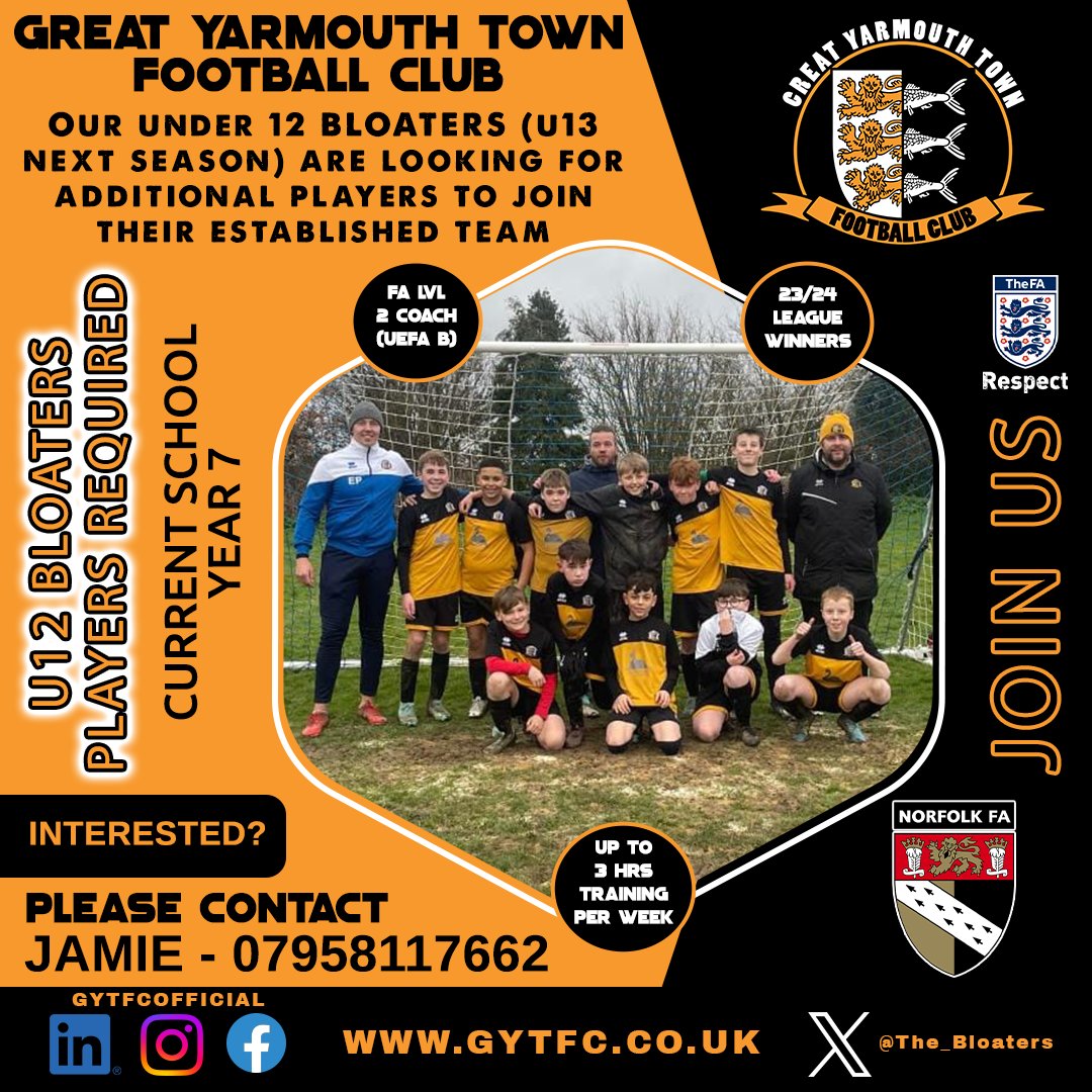 🧡🖤U12 PLAYERS REQUIRED🖤🧡 Our U12 Bloaters, this seasons League winners 💪 (U13 24/25 season) are looking for additional players to join their team. Preferably from a footballing background, however any ability welcome to try out. Interested? Please contact Jamie.