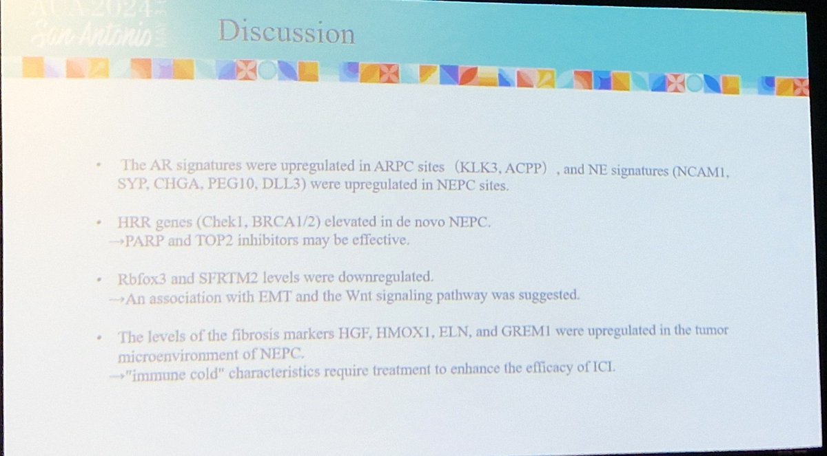 Interesting talk from @RyutaWatanab999 on transcriptional differences between #NEPC & #ARPC using @10xGenomics #VisiumV2 Such a great idea to interrogate the #TME around these two forms of #PCa Suggestion that #DDRi may be more effective in de novo NEPC is interesting #AUA24