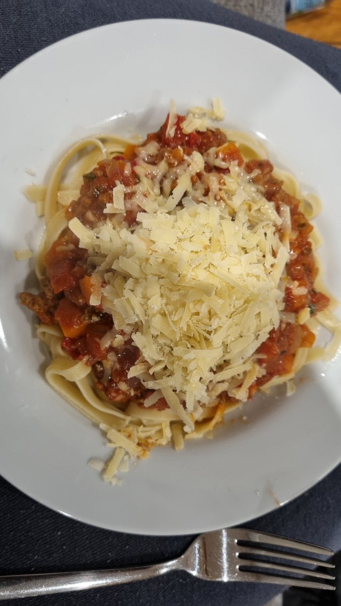 Fettuccine Bolognaise, sauce made from scratch. Good enough to eat.