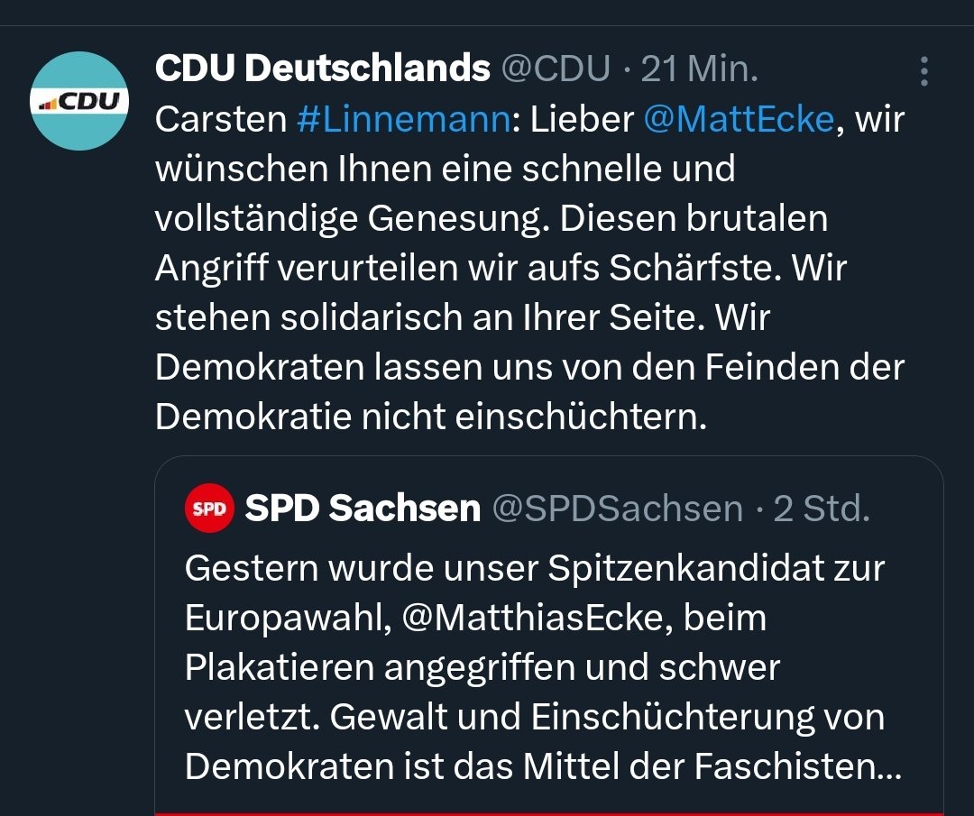 Nein, CDU, ihr steht nicht solidarisch an seiner Seite, im Gegenteil. Ihr habt mit euren Hasskampagnen gegen Grüne, SPD und Linke in den letzten zwei Jahren mit das Klima erzeugt, in dem solche Angriffe stattfinden.