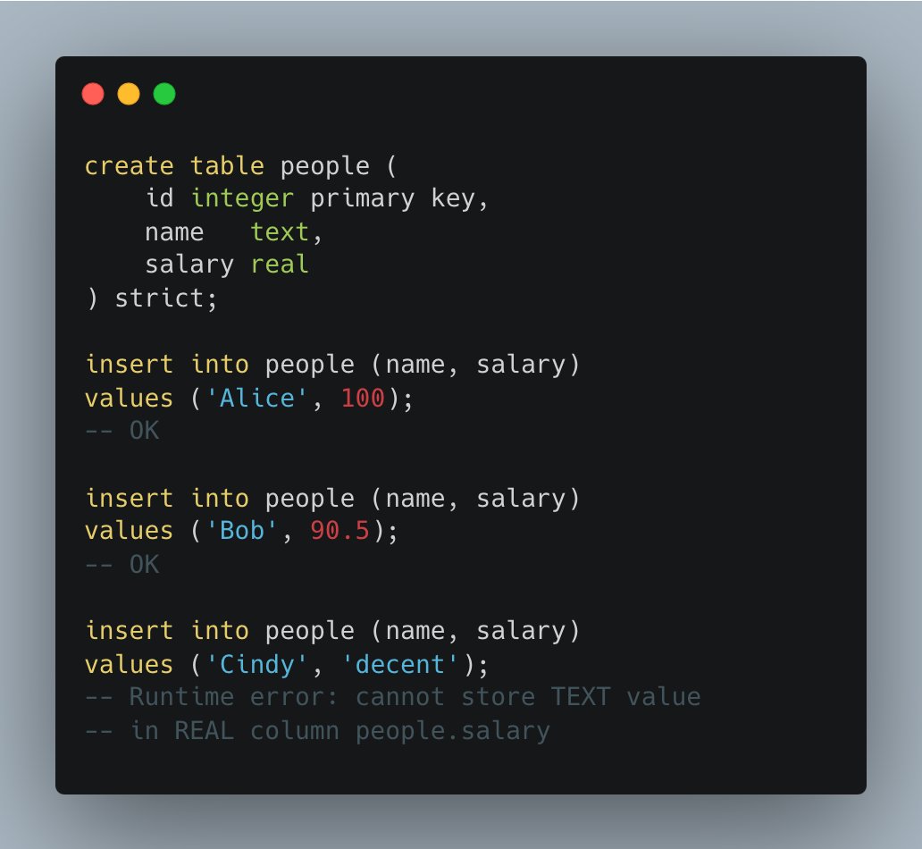 ohmypy's tweet image. Modern SQLite #1: STRICT Tables
I'm starting a series of short notes about handy SQLite features you may not have heard about.
And the first one is "strict" tables.
As you probably know, SQLite's type system is very flexible (some people even call SQLite the JavaScript of…
