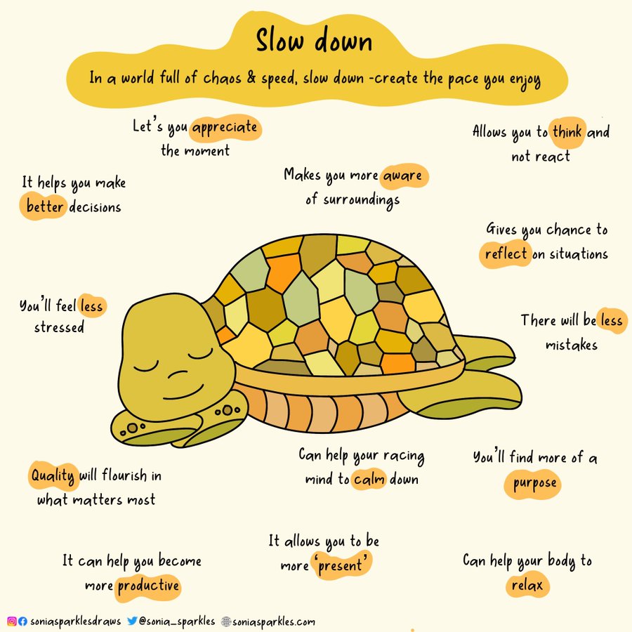 Slowing down can help you feel less stressed and make better decisions. Sketchnote via @Sonia_Sparkles