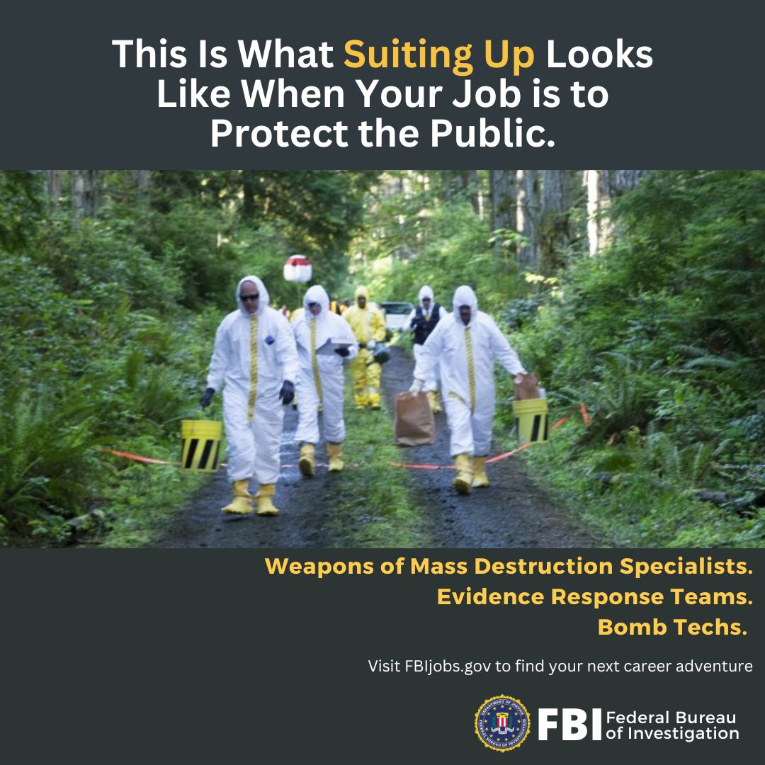 The FBI is the lead agency for responding to threats from weapons of mass destruction. In the WMD Directorate, agents, analysts, scientists, and professional staff work together to protect the public. Learn more: fbi.gov/investigate/wmd Find your fit: fbijobs.gov