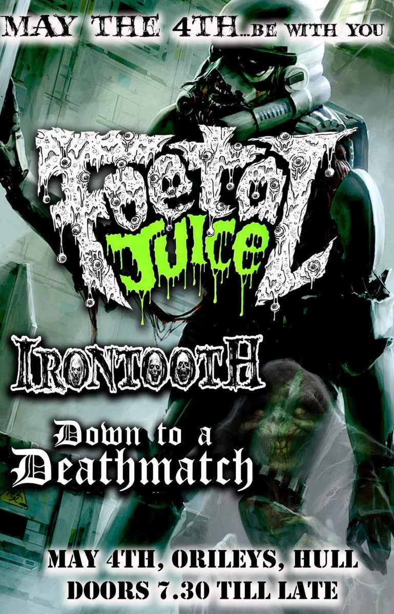 Tonight its a heavy one at O'Rileys, @FoetalJuice Iron Tooth & Down To a Deathmatch. Tickets £10 plus bf from good-show.co.uk/events/669 or pay on the door from 7.30pm @livemusicinhull @bbcburnsy @gr8musicvenues @HULLwhatson @VHEY_UK @VisitHull @VisitHullEvents