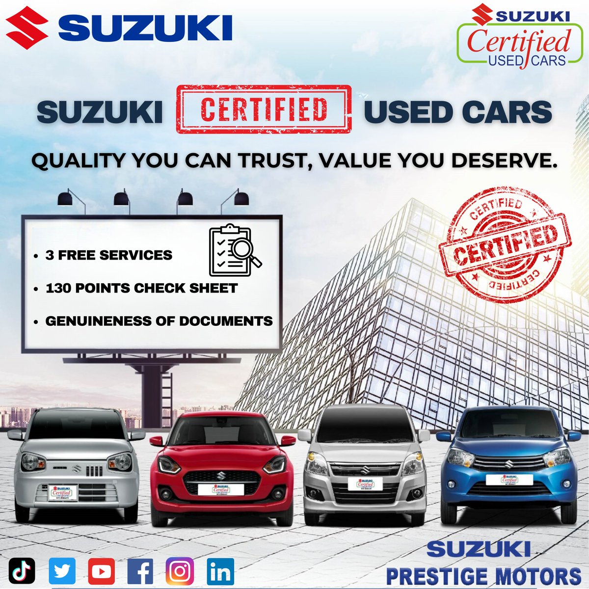 Experience Peace of Mind: Buy or Sell Certified Used Cars at Suzuki Prestige Motors!
#SuzukiPrestigeMotors #SuzukiPakistan #PakSuzuki #suzuki #suzukifamily #SuzukiCertifiedUsedCars #Certified #usedcarsforsale #likeforlikes #likesforlike #life #share #community #comment
