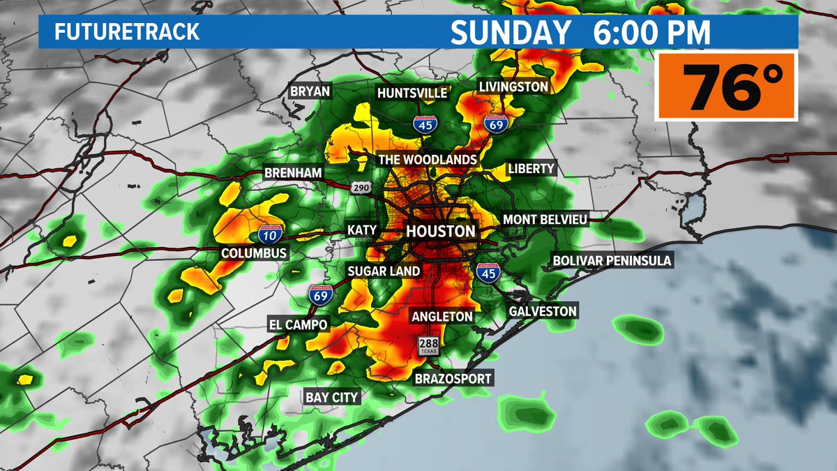 Happy Saturday #Houston. Today, a slight break from the rain. Isolated showers and storms if anything. For Sunday... 😓 A significant severe weather threat with heavy rain and storms, likely increasing in the PM. Additional rain will contribute to more flooding N of Hou. #Txwx.