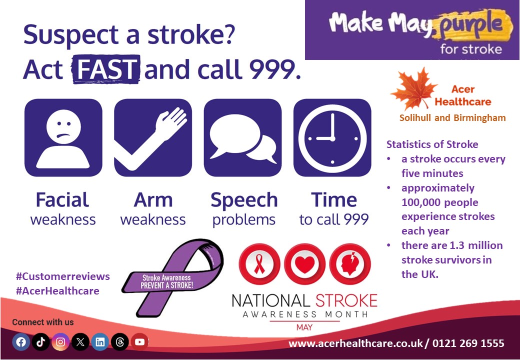 Recognizing the stroke warning signs. Take the time to educate the warning signs of a stroke #StrokeAwarenessMonth
#braininjury #fast #IschaemicStroke #stroke #strokeassociation #strokerehabilitation #liveincare #AcerHealthcare #solihull #birmingham #care #homecare #careathome