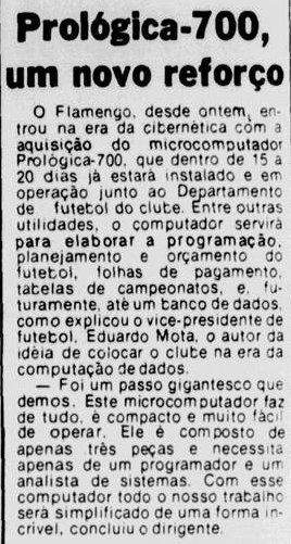 04/05/1982 #flahistoria [📰 @JornalDosSports ] 🖥 Prológica-700, um novo reforço #Flamengo