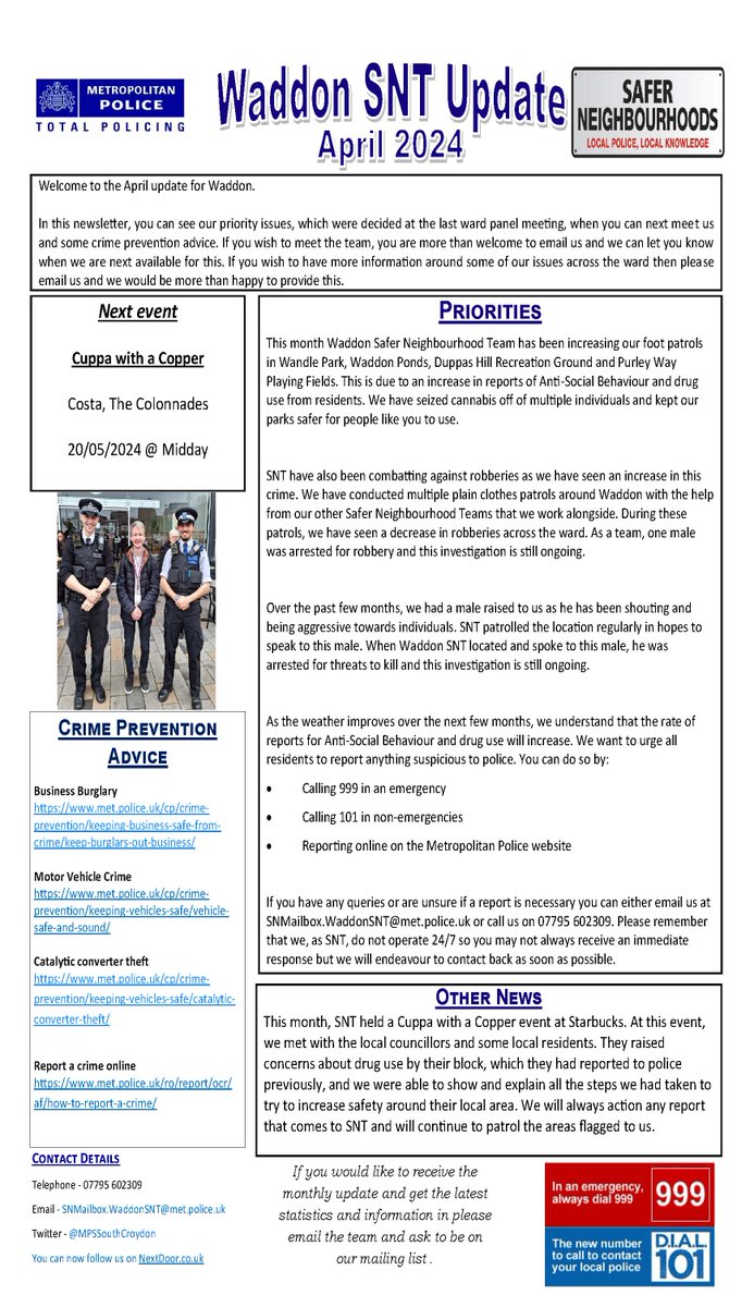 Please see the monthly update for April 2024 from #Waddon SNT in @MPSCroydon. 

If you wish to receive these by email, please email our team at SNMailbox.WaddonSNT@met.police.uk
