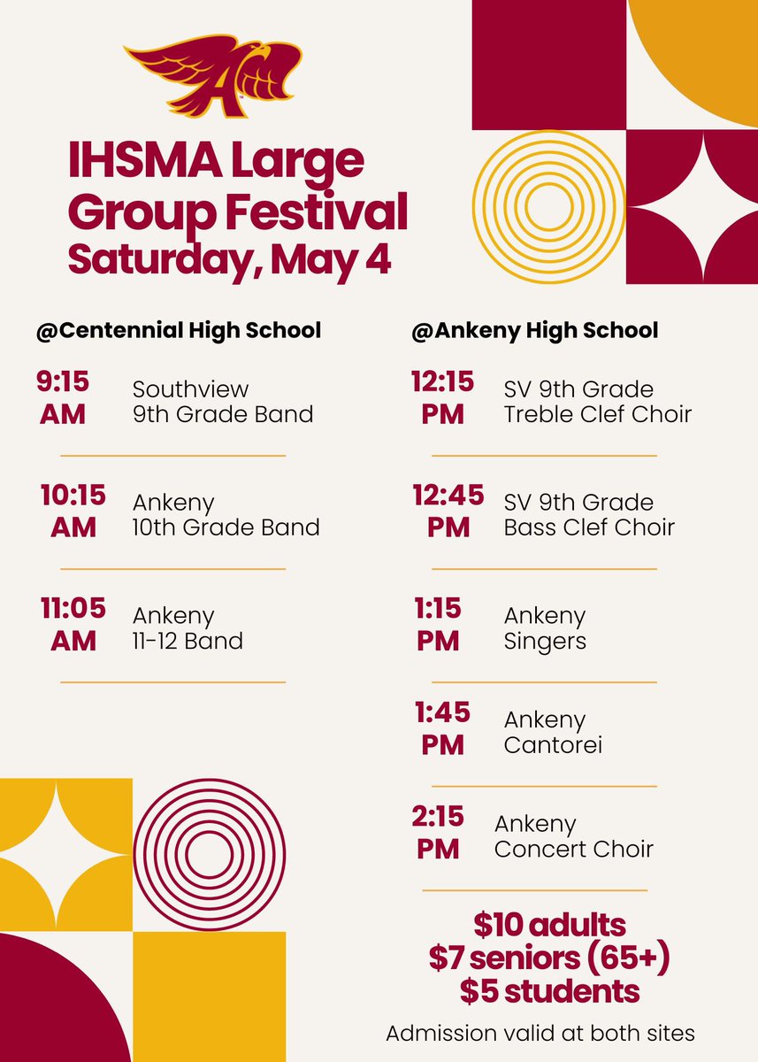 Good luck to our @Ankeny_HS & @AnkenySouthview bands & choirs today!