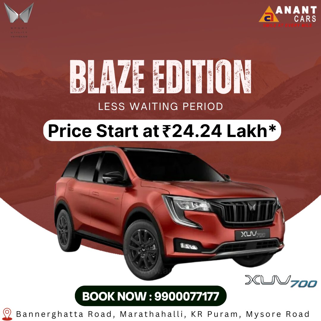 The powerhouse of sophistication is now Blazing Red. Witness a new world of luxury erupt with the Mahindra XUV700 Blaze Edition. Starts at Rs.24.24 Lakh.

contact us at 9900077177, 9108444914

#anantcars #mahindraanantcars #testdrivetoday #booktoday #XUV700 #TrulyMagnificent