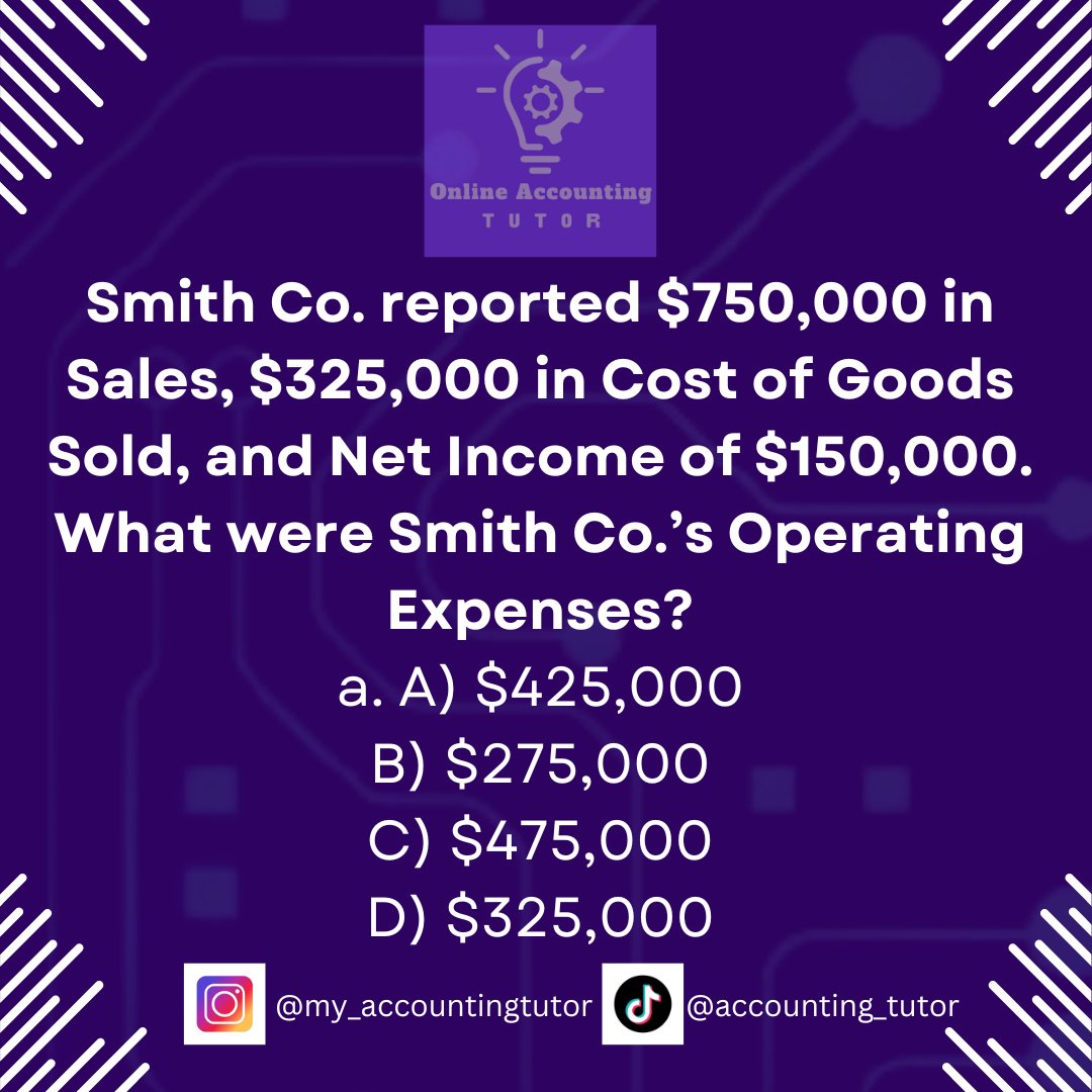 Accounting practice questions
Calculate the operating expenses, given other components of the income statement.

#accountingstudent #accountingtutor #college #accounting #university #myaccountingtutor #learnaccounting #studentlife