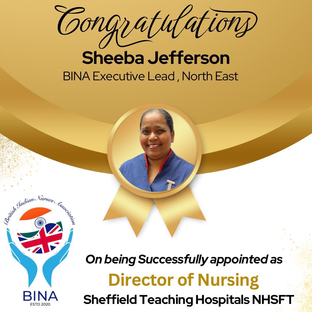 Congratulations to our @sheebajefferson BINA Exec Lead (North East) as she successfully secured Director of Nursing role at @SheffieldHosp Our community is so proud of you. Inspiring journey. @CNOEngland @duncan_CNSE @FNightingaleF @westwood_greta @morleycp @margaretkitchi1