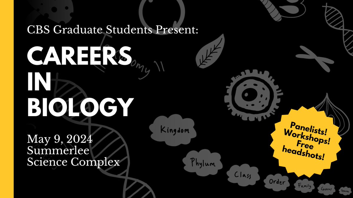 CBS Graduate Students: There's still time to register for Careers in Biology! 🗓️Thursday, May 9 in the SSC (wrong date in previous tweet!) 🎙️Panelists ✏️Workshops 📸Free headshots! cbsgrads.uoguelph.ca/cib/